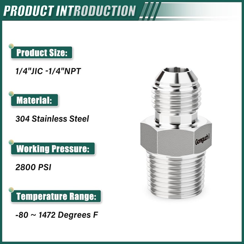 Goraguchi 5PCS 304 Stainless Steel Forging JIC Flare Tube Fittings, 1/4" JIC Male x 1/4" NPT Male, Half Union, with Protection Cover, for Fuel/Airl/Water/Gas/Oil - Image 3